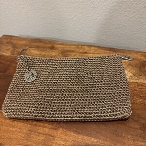 The Sak 'Sayulita' Crochet Woven Pouch Bag~Makeup~Coin~Tan~Zipper Closure EUC